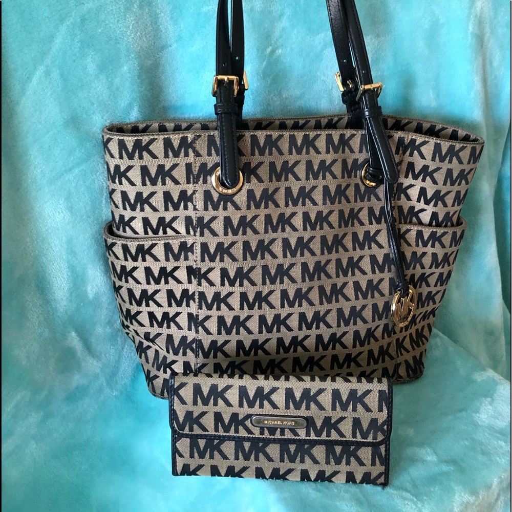 Michael Kors signature beige and black cloth tote and matching checkbook wallet
